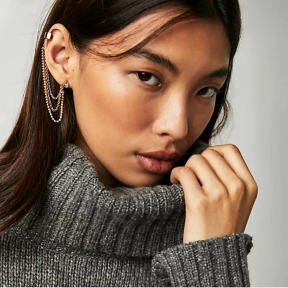 Free People Party Party Ear Chain Cuff Amber Rhinestone Gunmetal NWT Bohemian - Picture 7 of 13